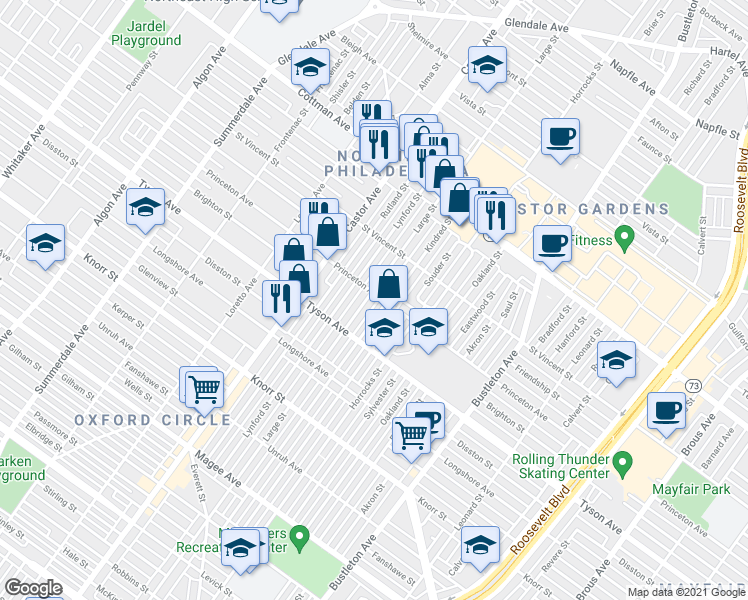 map of restaurants, bars, coffee shops, grocery stores, and more near 7054 Large Street in Philadelphia
