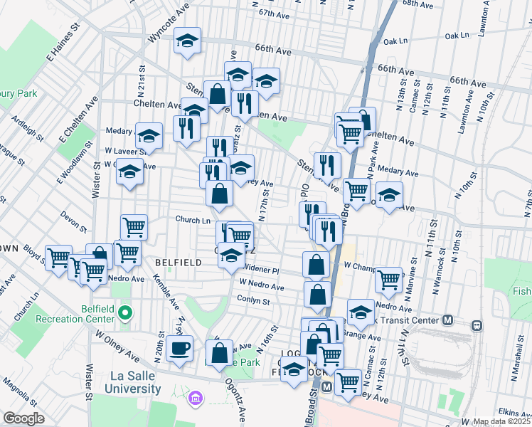 map of restaurants, bars, coffee shops, grocery stores, and more near 6113 North 17th Street in Philadelphia