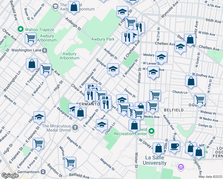 map of restaurants, bars, coffee shops, grocery stores, and more near 911 East Woodlawn Street in Philadelphia