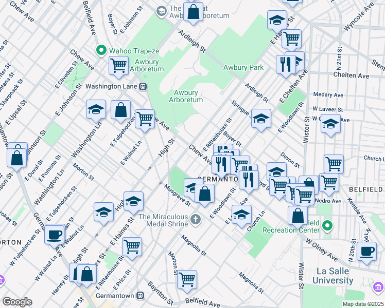 map of restaurants, bars, coffee shops, grocery stores, and more near 5844 Chew Avenue in Philadelphia