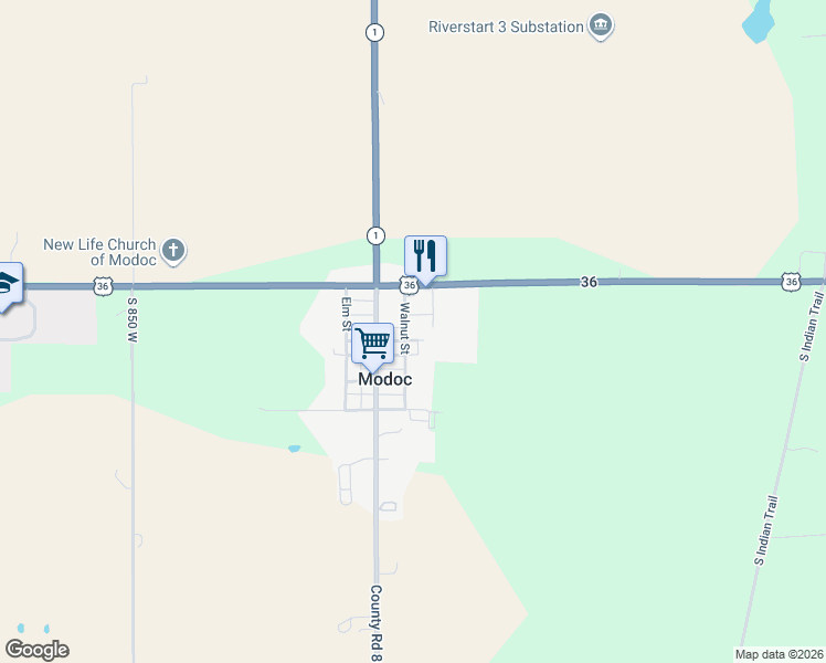 map of restaurants, bars, coffee shops, grocery stores, and more near 201-235 Maple St in Modoc