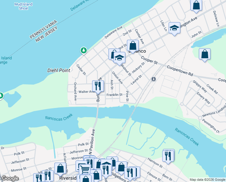 map of restaurants, bars, coffee shops, grocery stores, and more near 420 Ash Street in Delanco
