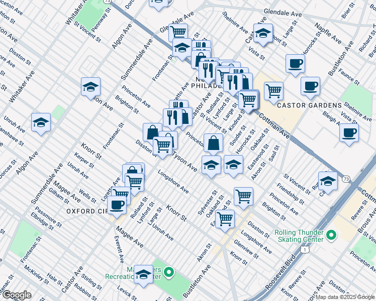map of restaurants, bars, coffee shops, grocery stores, and more near 7020 Lynford Street in Philadelphia