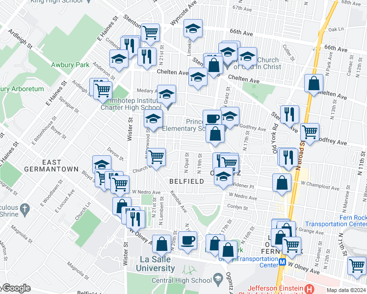 map of restaurants, bars, coffee shops, grocery stores, and more near 1991 Church Lane in Philadelphia