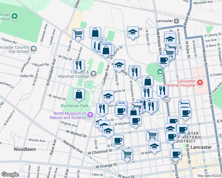 map of restaurants, bars, coffee shops, grocery stores, and more near 627 North Pine Street in Lancaster