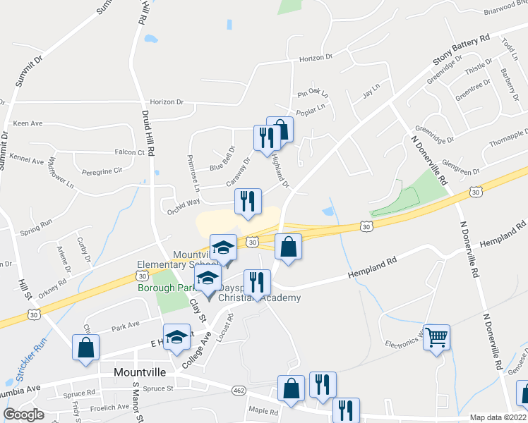 map of restaurants, bars, coffee shops, grocery stores, and more near 310 Primrose Lane in Mountville