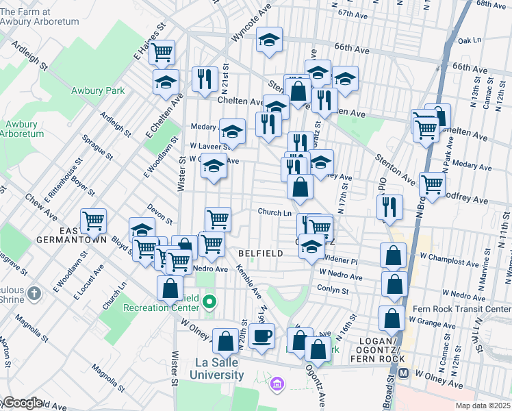 map of restaurants, bars, coffee shops, grocery stores, and more near 1991 Church Lane in Philadelphia