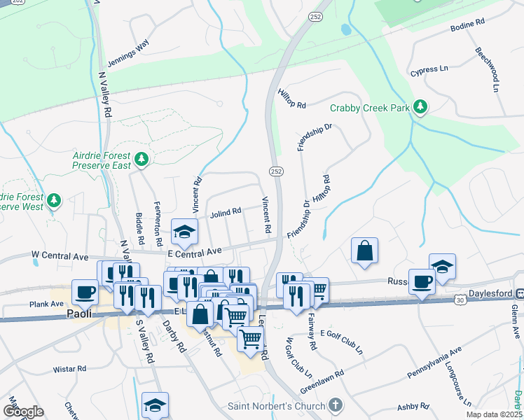 map of restaurants, bars, coffee shops, grocery stores, and more near 145 Jolind Road in Paoli