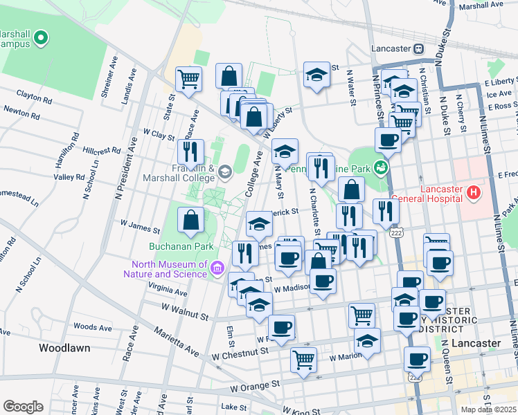 map of restaurants, bars, coffee shops, grocery stores, and more near 612 North Pine Street in Lancaster