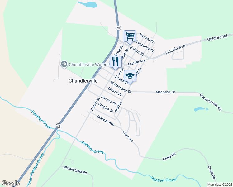 map of restaurants, bars, coffee shops, grocery stores, and more near 189-199 Church Street in Chandlerville