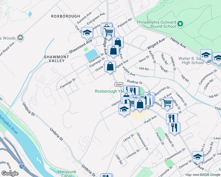 map of restaurants, bars, coffee shops, grocery stores, and more near 7360 Ridge Avenue in Philadelphia