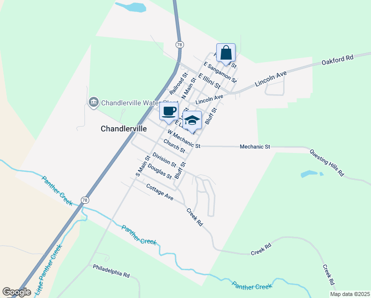 map of restaurants, bars, coffee shops, grocery stores, and more near 189 Church Street in Chandlerville