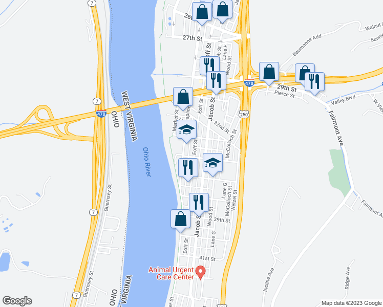 map of restaurants, bars, coffee shops, grocery stores, and more near 3539 Eoff Street in Wheeling