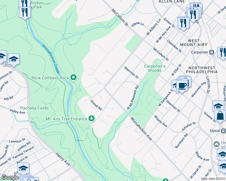 map of restaurants, bars, coffee shops, grocery stores, and more near 731 West Mount Airy Avenue in Philadelphia