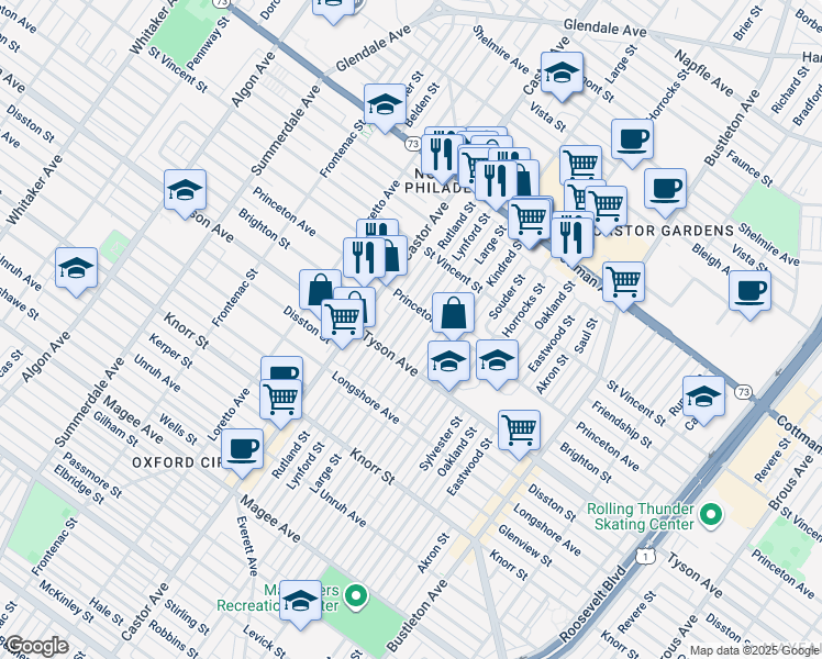 map of restaurants, bars, coffee shops, grocery stores, and more near 7033 Lynford Street in Philadelphia
