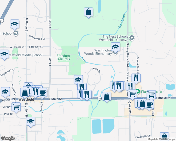 map of restaurants, bars, coffee shops, grocery stores, and more near 17910 Lucas Circle in Westfield
