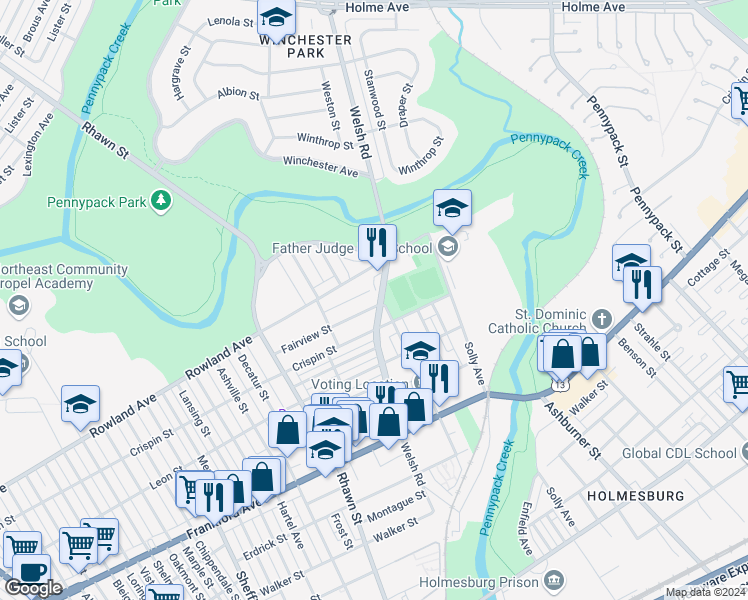 map of restaurants, bars, coffee shops, grocery stores, and more near 8094 Fairview Street in Philadelphia