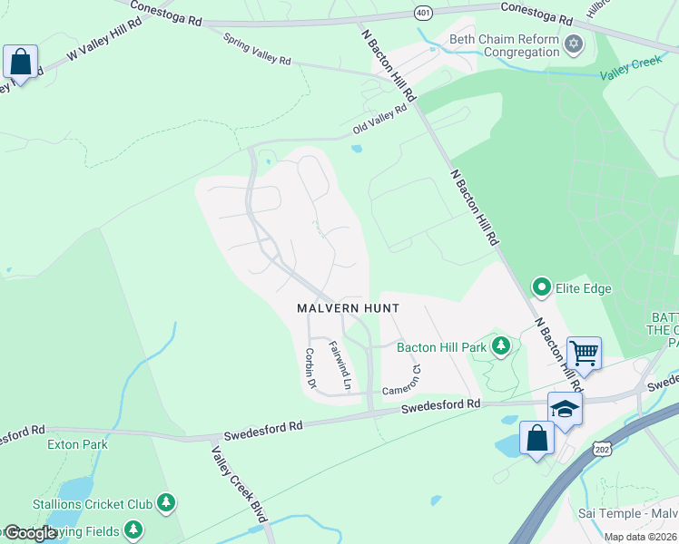map of restaurants, bars, coffee shops, grocery stores, and more near 1 Elliston Court in Exton
