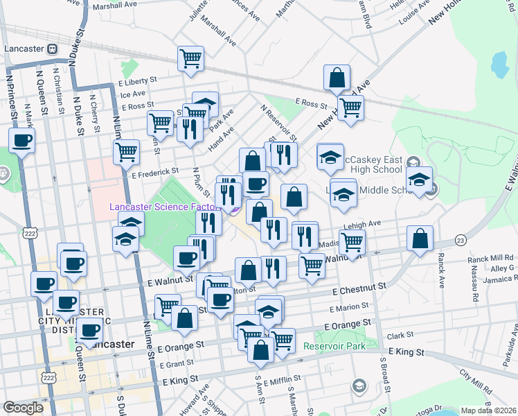 map of restaurants, bars, coffee shops, grocery stores, and more near 480 New Holland Avenue in Lancaster