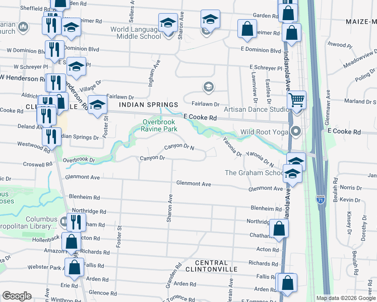 map of restaurants, bars, coffee shops, grocery stores, and more near 407 Northeast Canyon Drive in Columbus