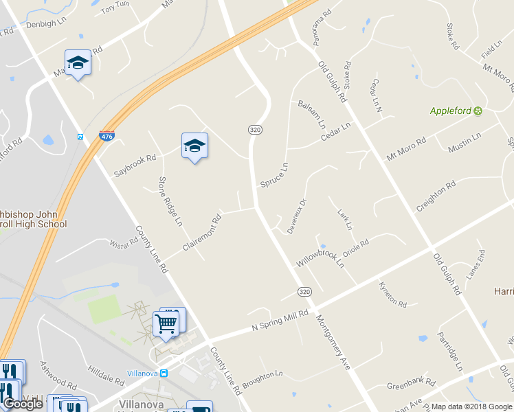 map of restaurants, bars, coffee shops, grocery stores, and more near 1809 Montgomery Avenue in Villanova