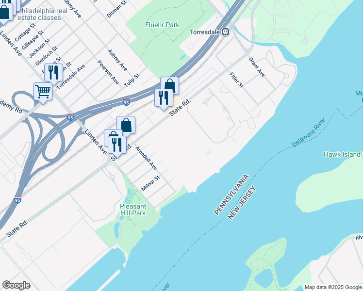 map of restaurants, bars, coffee shops, grocery stores, and more near 25000 Delaire Landing Road in Philadelphia