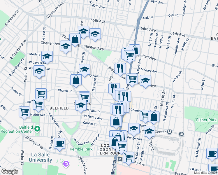 map of restaurants, bars, coffee shops, grocery stores, and more near 6124 Old York Road in Philadelphia
