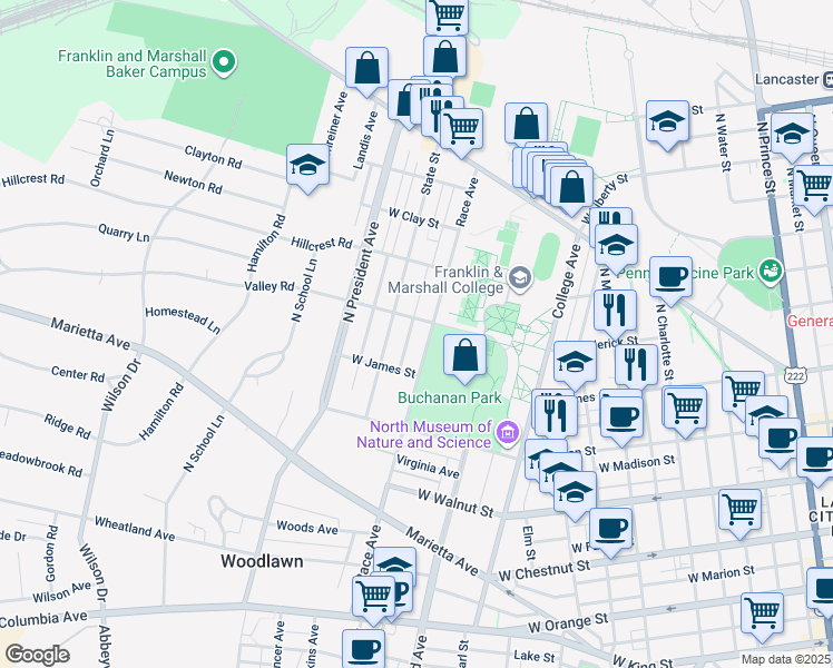 map of restaurants, bars, coffee shops, grocery stores, and more near 532 Race Avenue in Lancaster