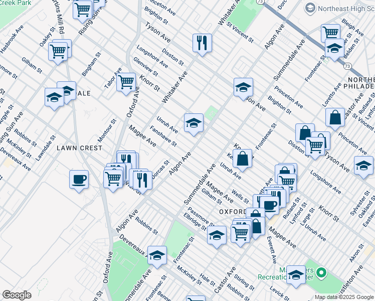 map of restaurants, bars, coffee shops, grocery stores, and more near 1100 Unruh Avenue in Philadelphia