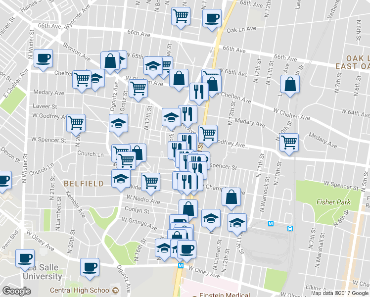 map of restaurants, bars, coffee shops, grocery stores, and more near 1433 West Sparks Street in Philadelphia