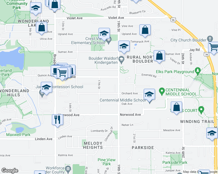 map of restaurants, bars, coffee shops, grocery stores, and more near 1819 Orchard Avenue in Boulder