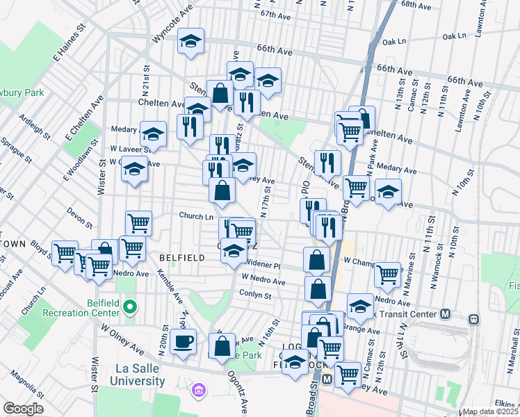 map of restaurants, bars, coffee shops, grocery stores, and more near 6118 North 17th Street in Philadelphia