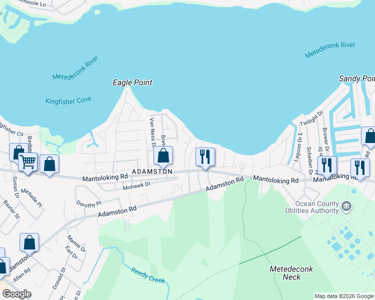 map of restaurants, bars, coffee shops, grocery stores, and more near 20 Hulse Landing Road in Brick Township