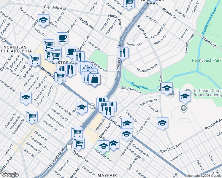 map of restaurants, bars, coffee shops, grocery stores, and more near 0 Pennsylvania 3 in Philadelphia