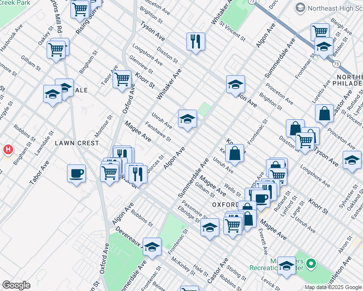 map of restaurants, bars, coffee shops, grocery stores, and more near 1100 Unruh Avenue in Philadelphia