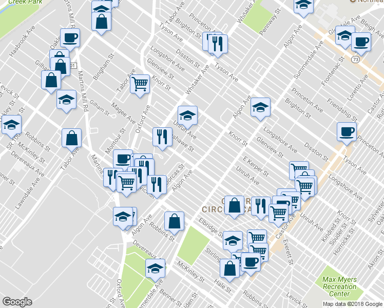 map of restaurants, bars, coffee shops, grocery stores, and more near 1024 Fanshawe Street in Philadelphia