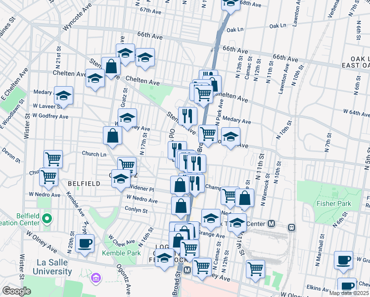 map of restaurants, bars, coffee shops, grocery stores, and more near 1433 West Sparks Street in Philadelphia