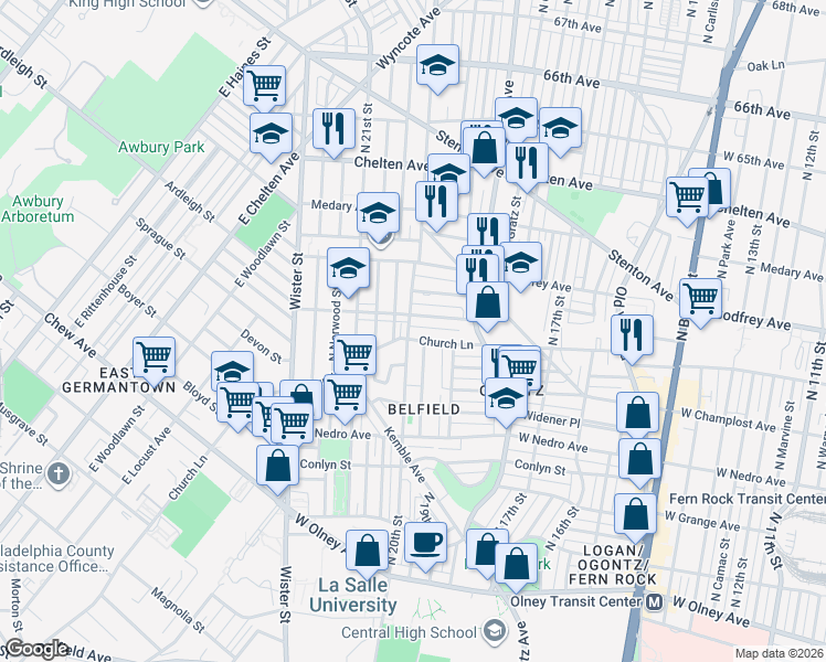 map of restaurants, bars, coffee shops, grocery stores, and more near 1964 West Spencer Street in Philadelphia