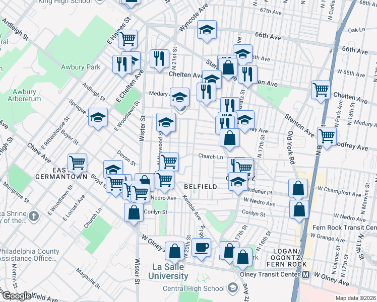 map of restaurants, bars, coffee shops, grocery stores, and more near 6022 North Woodstock Street in Philadelphia