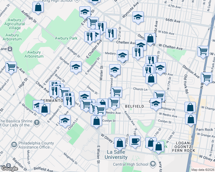 map of restaurants, bars, coffee shops, grocery stores, and more near 6070 North Beechwood Street in Philadelphia