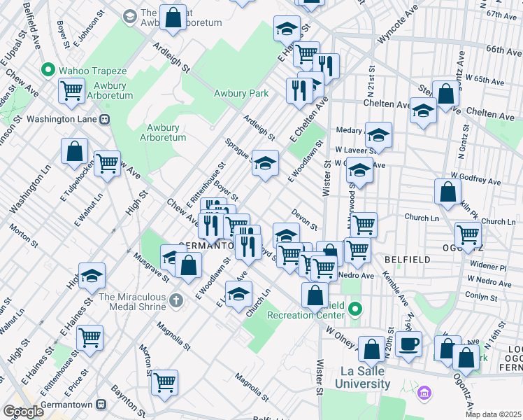 map of restaurants, bars, coffee shops, grocery stores, and more near 919 East Woodlawn Street in Philadelphia