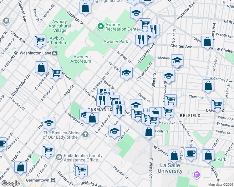 map of restaurants, bars, coffee shops, grocery stores, and more near 857 East Chelten Avenue in Philadelphia