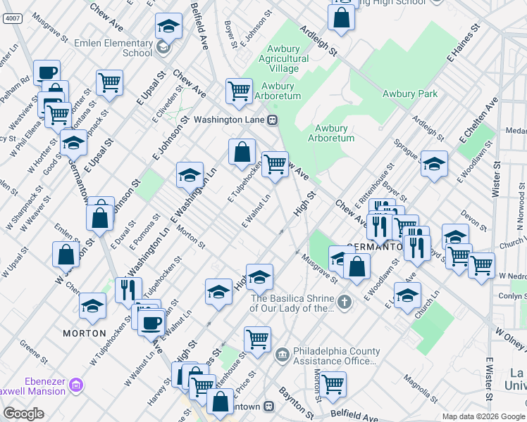 map of restaurants, bars, coffee shops, grocery stores, and more near 447 East Walnut Lane in Philadelphia