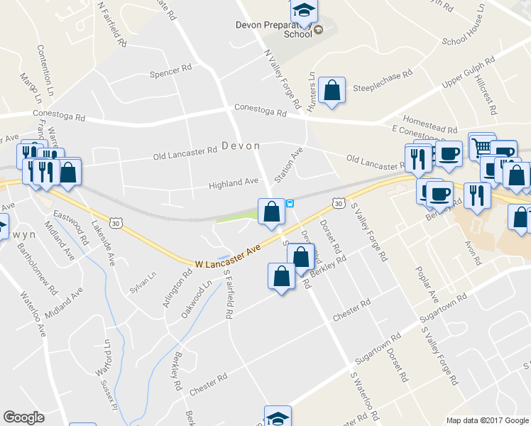 map of restaurants, bars, coffee shops, grocery stores, and more near 38 North Waterloo Road in Devon
