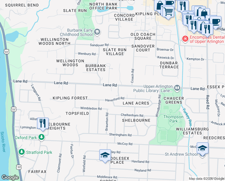 map of restaurants, bars, coffee shops, grocery stores, and more near 2321 Lane Road in Columbus