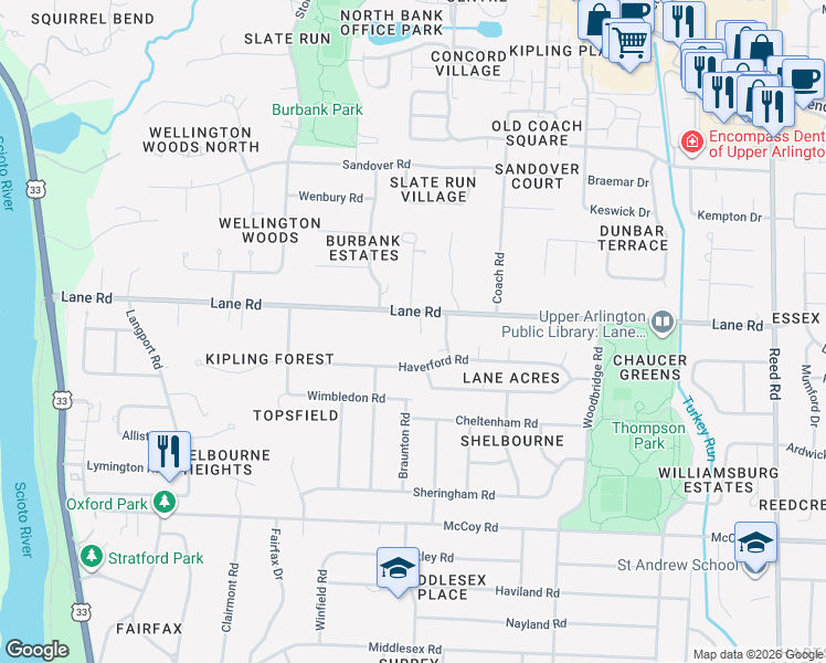 map of restaurants, bars, coffee shops, grocery stores, and more near 2321 Lane Road in Columbus
