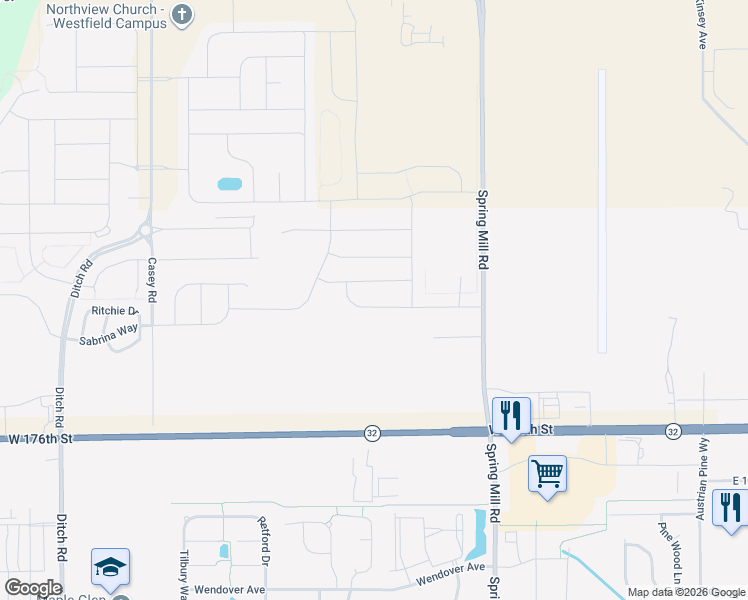 map of restaurants, bars, coffee shops, grocery stores, and more near 17804 Spring Mill Road in Westfield