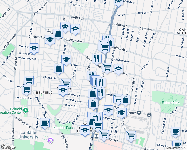map of restaurants, bars, coffee shops, grocery stores, and more near 1441 West Sparks Street in Philadelphia