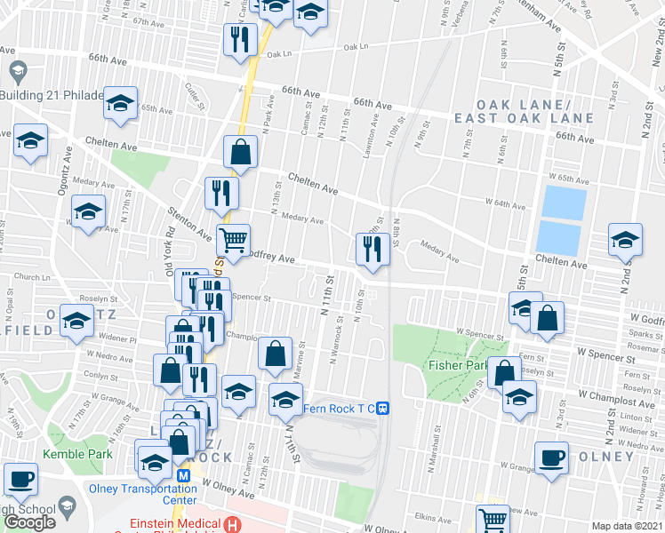 map of restaurants, bars, coffee shops, grocery stores, and more near North 11th Street & West Godfrey Avenue in Philadelphia