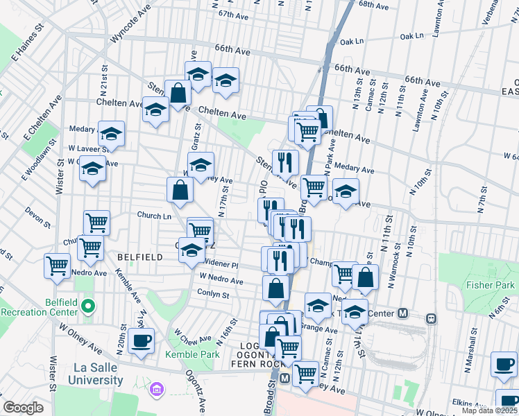 map of restaurants, bars, coffee shops, grocery stores, and more near 6124 Old York Road in Philadelphia